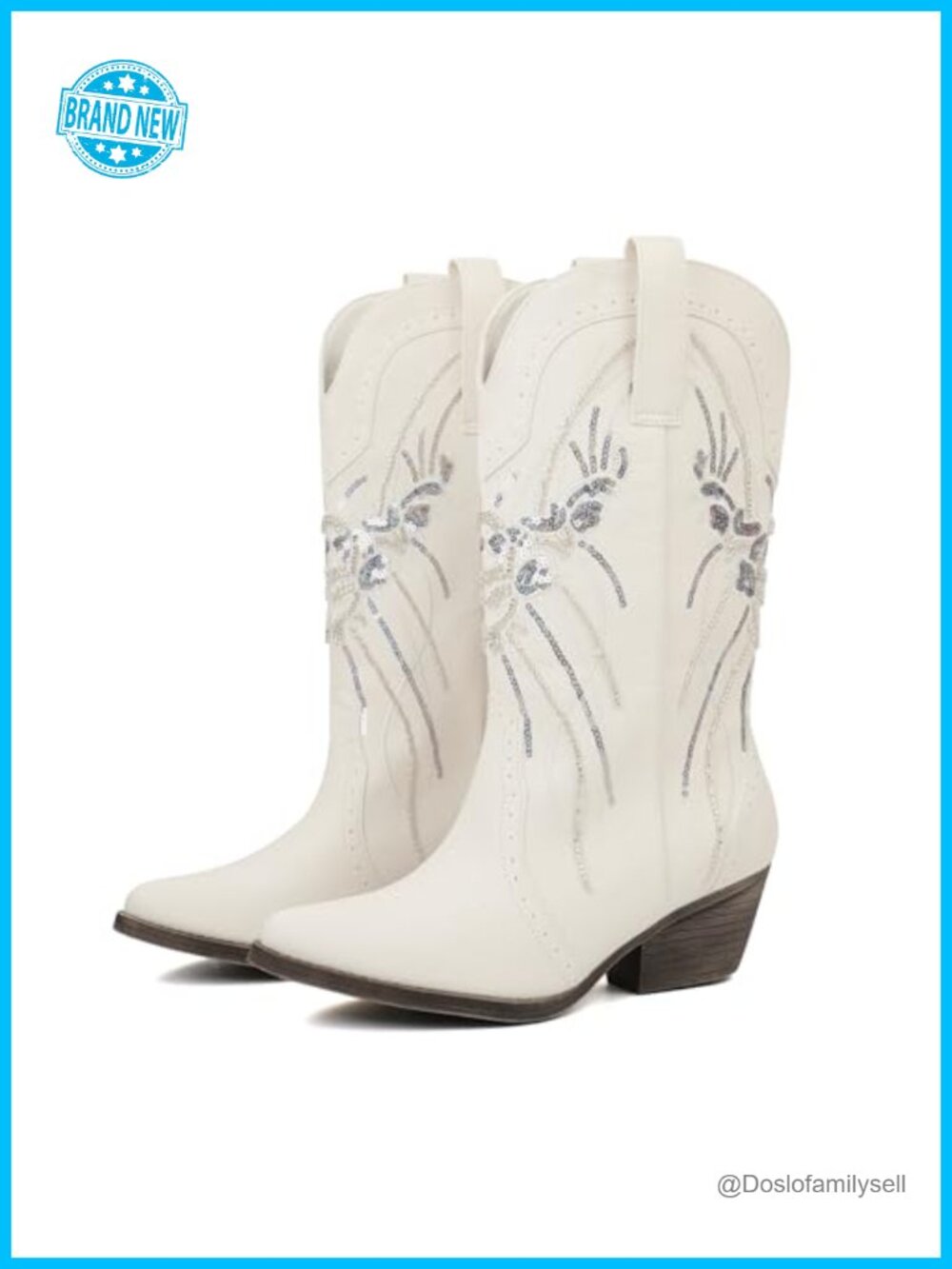 JABASIC Women's Western Cowboy Boots Sequin Embroidery Pull-On Mid-Calf